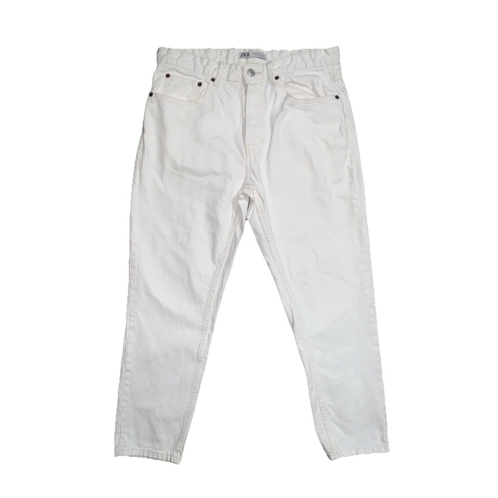 Zara Straight Leg Jeans Women 32 USA High Rise White Denim Casual Button (34x26)